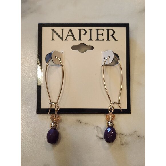 Napier Gold-Tone Drop Earrings With Purple & Peach Beads - Picture 1 of 5